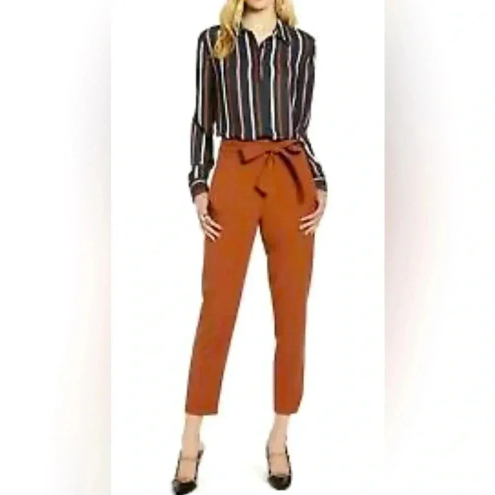 Halogen Tie Waist Twill Ankle High Rise Career Dress Pants Brown Rust Women’s 8